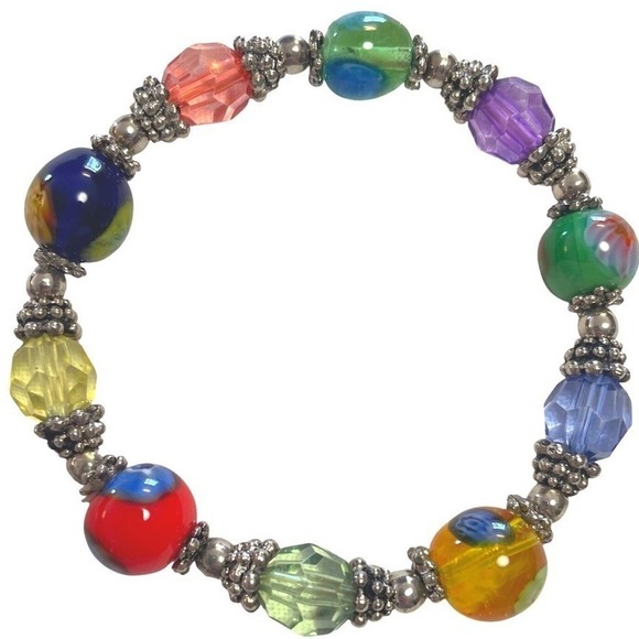 Beaded Stretch Bracelet One Size Multicolor Glass Lampwork Boho Style - Picture 11 of 14